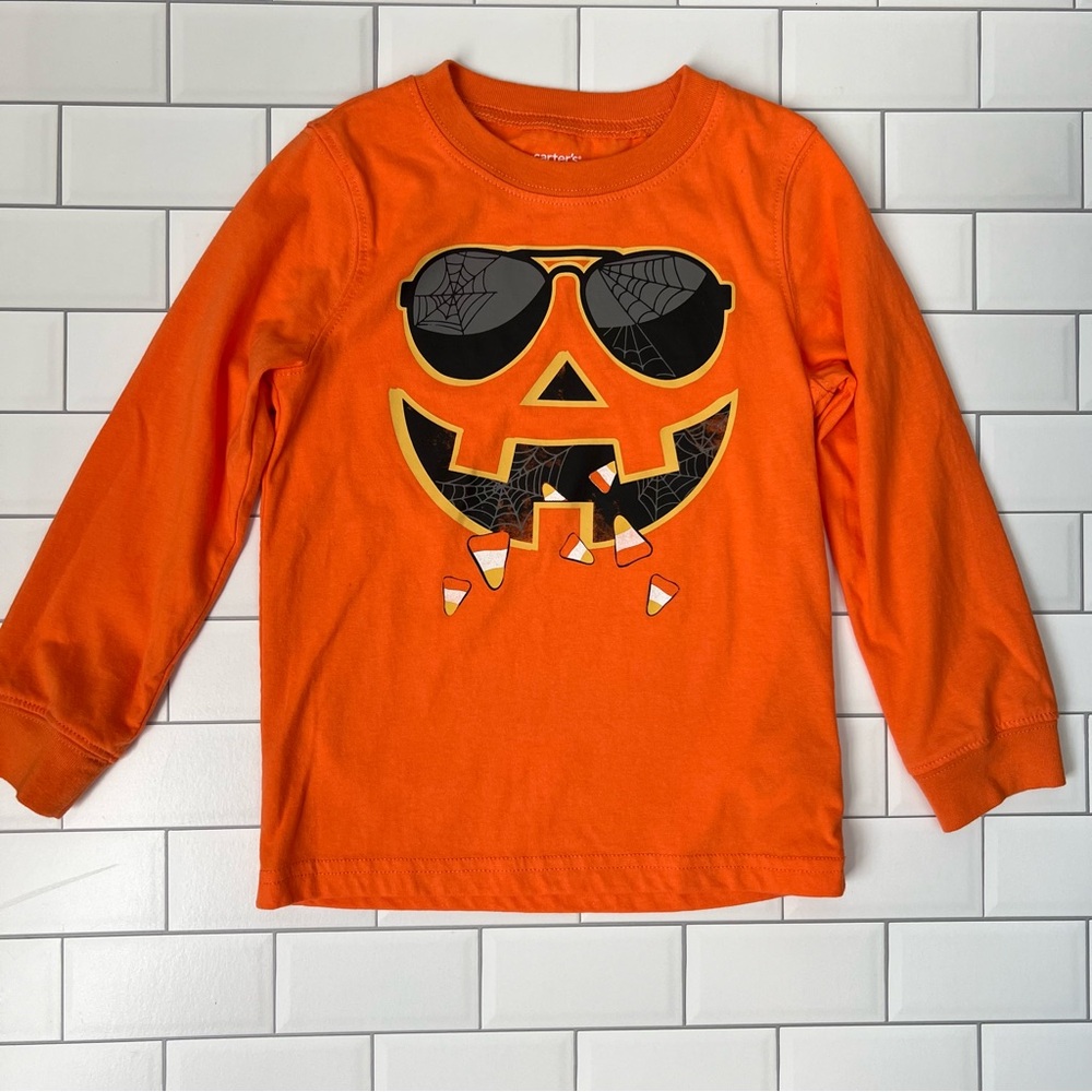 4T 🎃 Halloween Pumpkin Jack O Lantern Sunglasses Orange Long Sleeve Tee Shirt